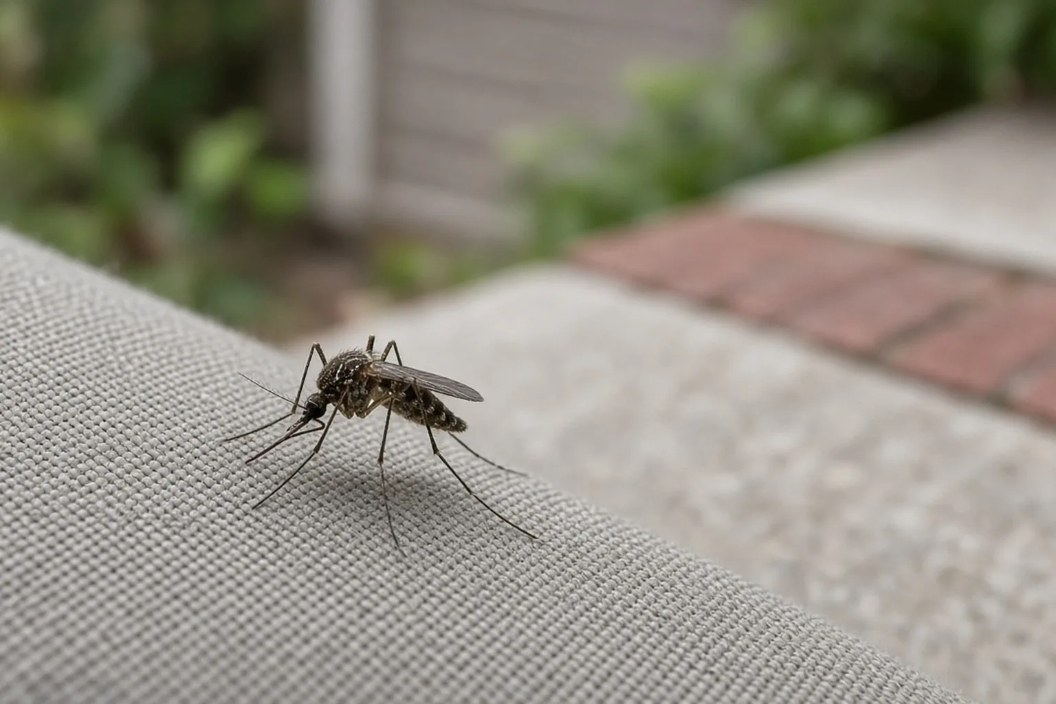 Mosquito resting on fabric near a patio