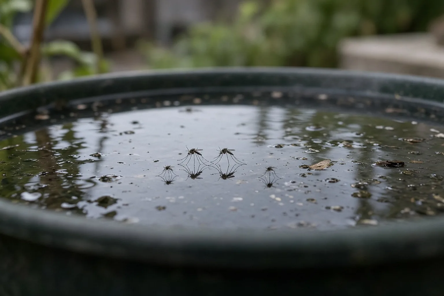 Mosquitoes above standing water in a plant saucer