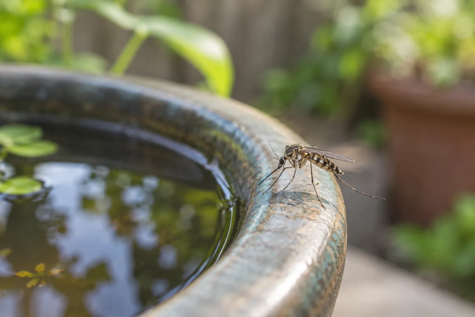 Mosquito resting beside an outdoor water container